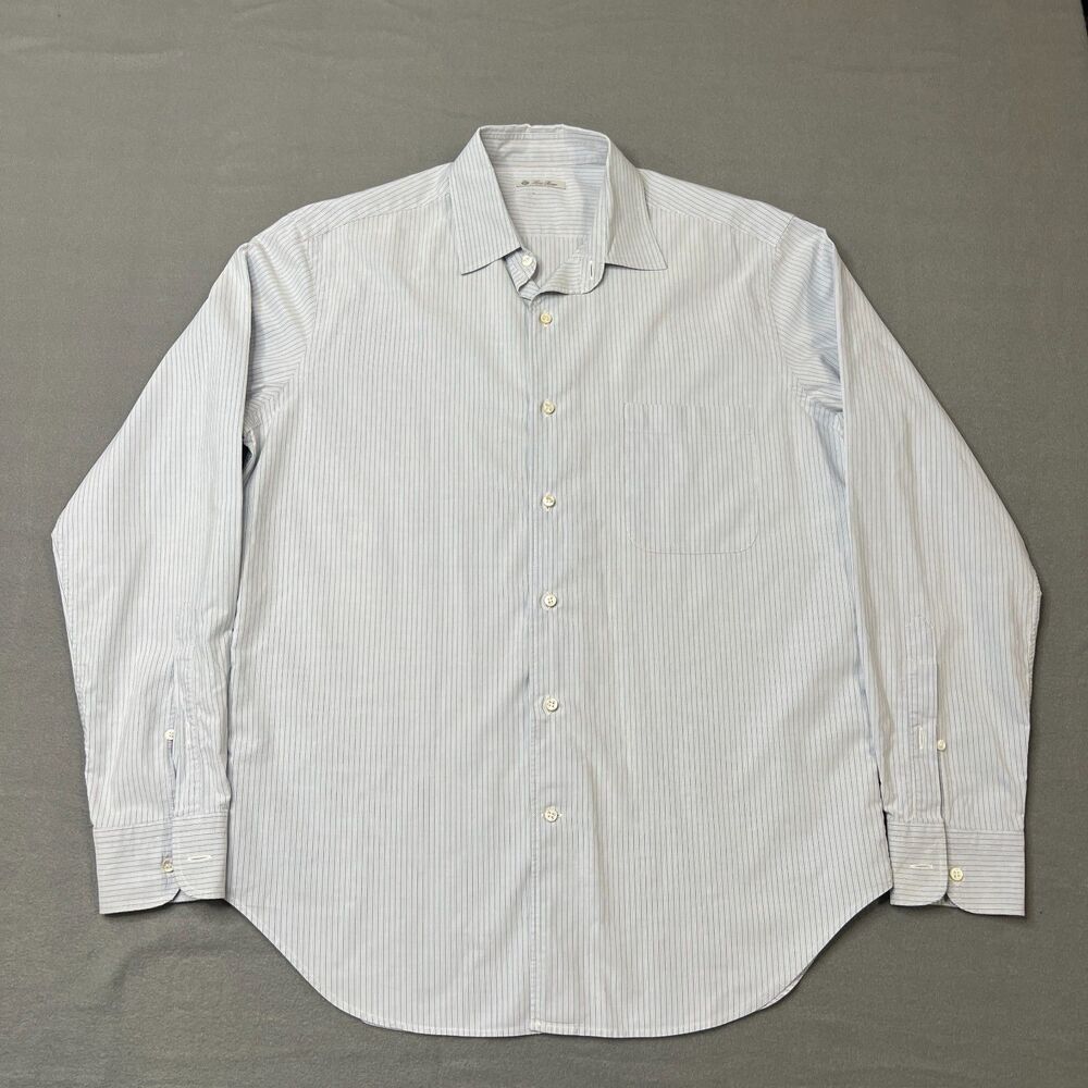 Loro Piana Dress Shirt Men 16.5/42 Light Blue Striped Collared Classic Button-Up